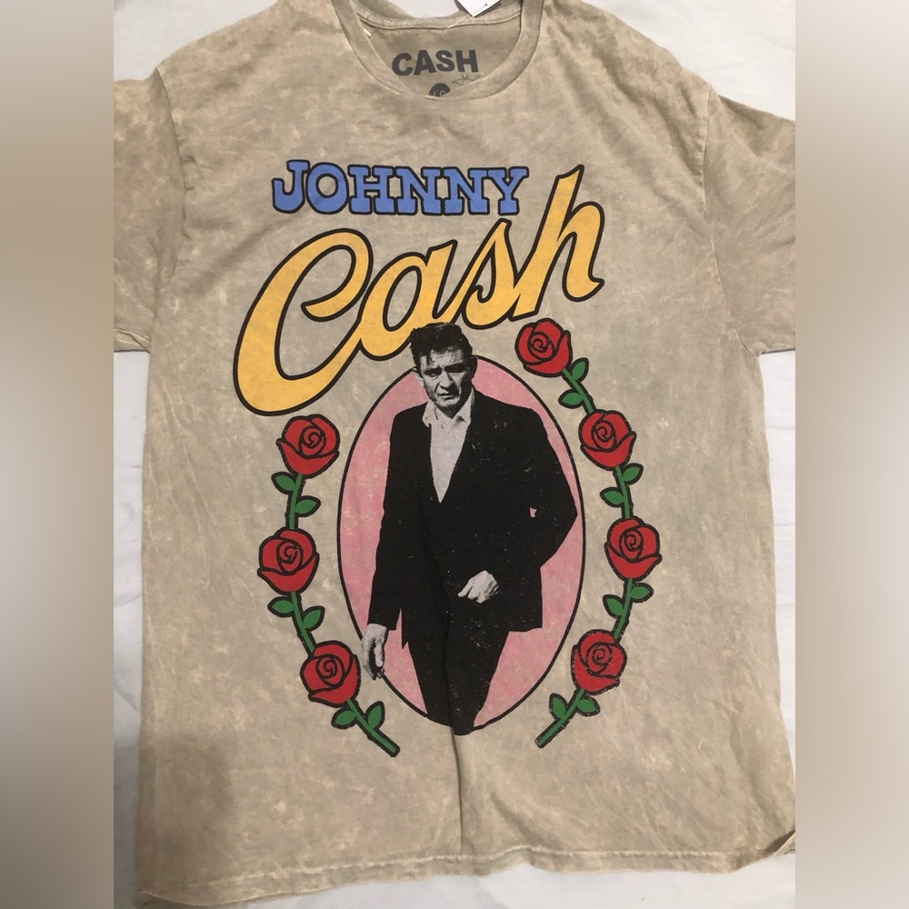 Johnny Cash red roses portrait graphic print tan tshirt size large new